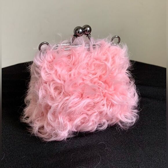 Pink Real Shearling Handmade Kisslock Mini Clutch, Coin Pouch, Crossbody - Picture 3 of 11